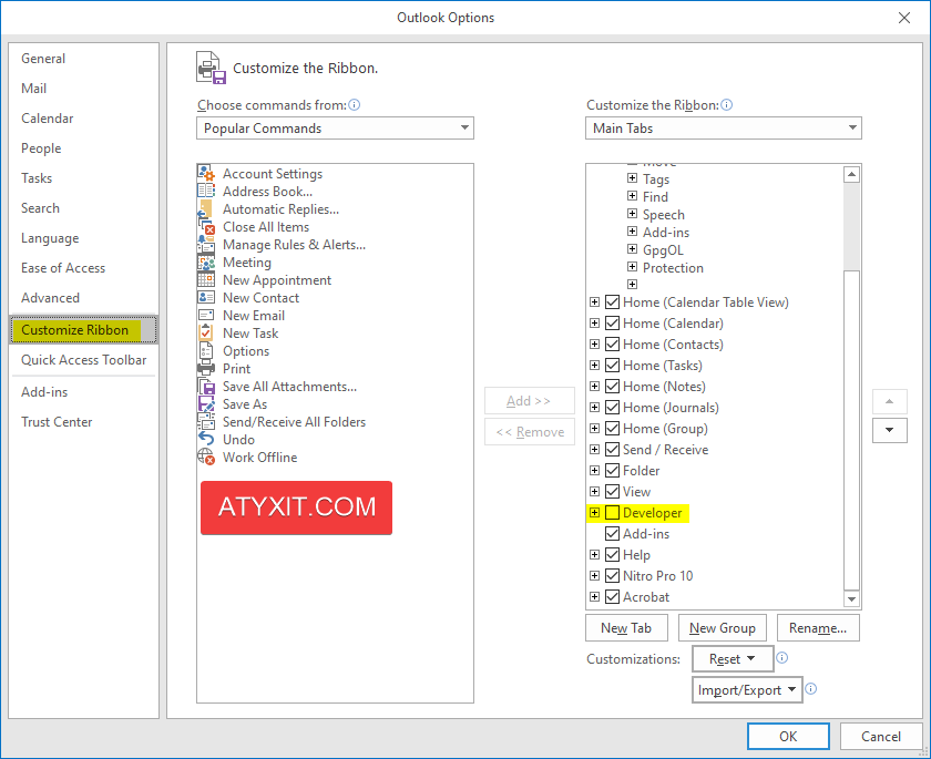 Enabling Developer Tab to Enable Automatic Outlook Printing